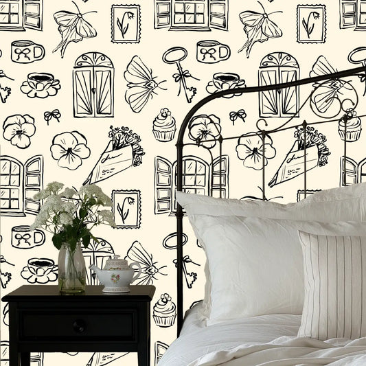 Lucille Wallpaper - Whimsical Line Drawings - Peel and Stick - Loomwell Home Goods