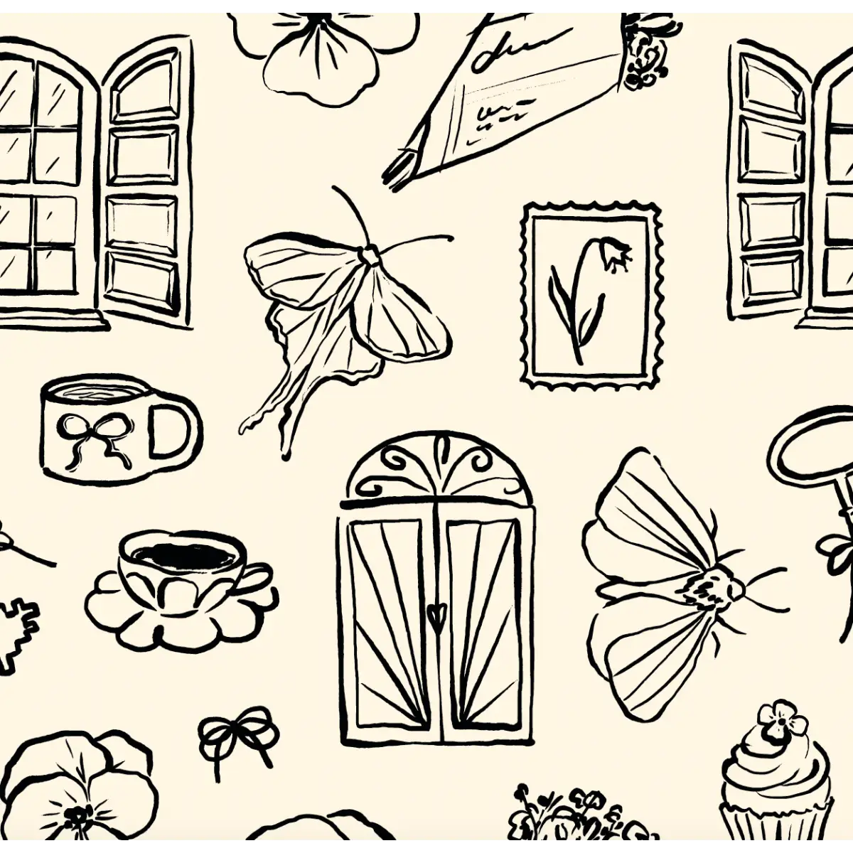 Lucille Wallpaper - Whimsical Line Drawings - Peel and Stick - Sample 1 foot by 1 foot / Black - Loomwell Home Goods