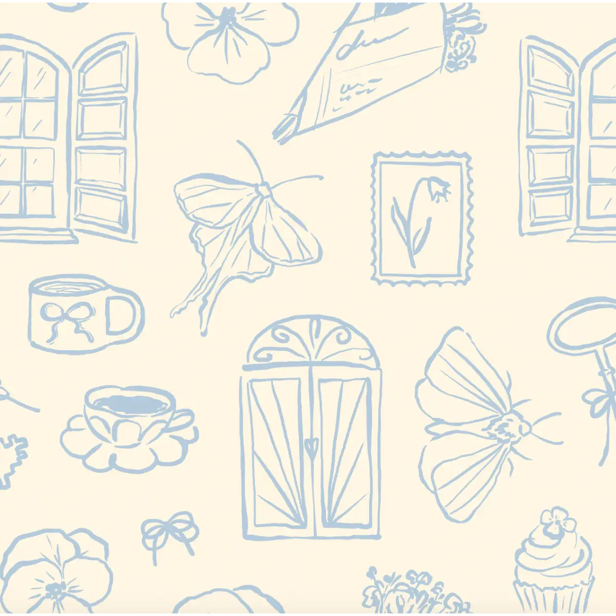 Lucille Wallpaper - Whimsical Line Drawings - Peel and Stick - Sample 1 foot by 1 foot / Cream and Blue - Loomwell Home