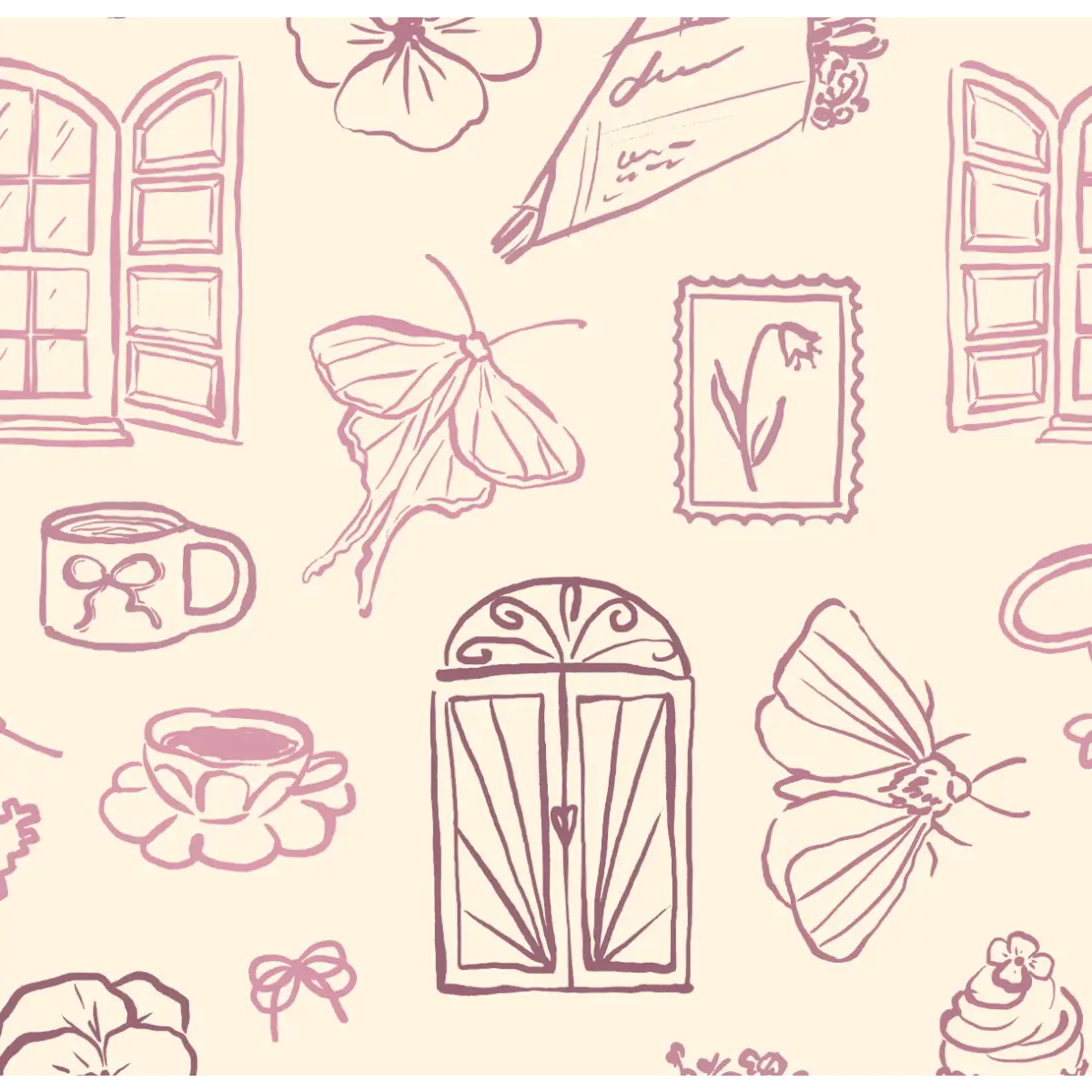 Lucille Wallpaper - Whimsical Line Drawings - Peel and Stick - Sample 1 foot by 1 foot / Mauve - Loomwell Home Goods