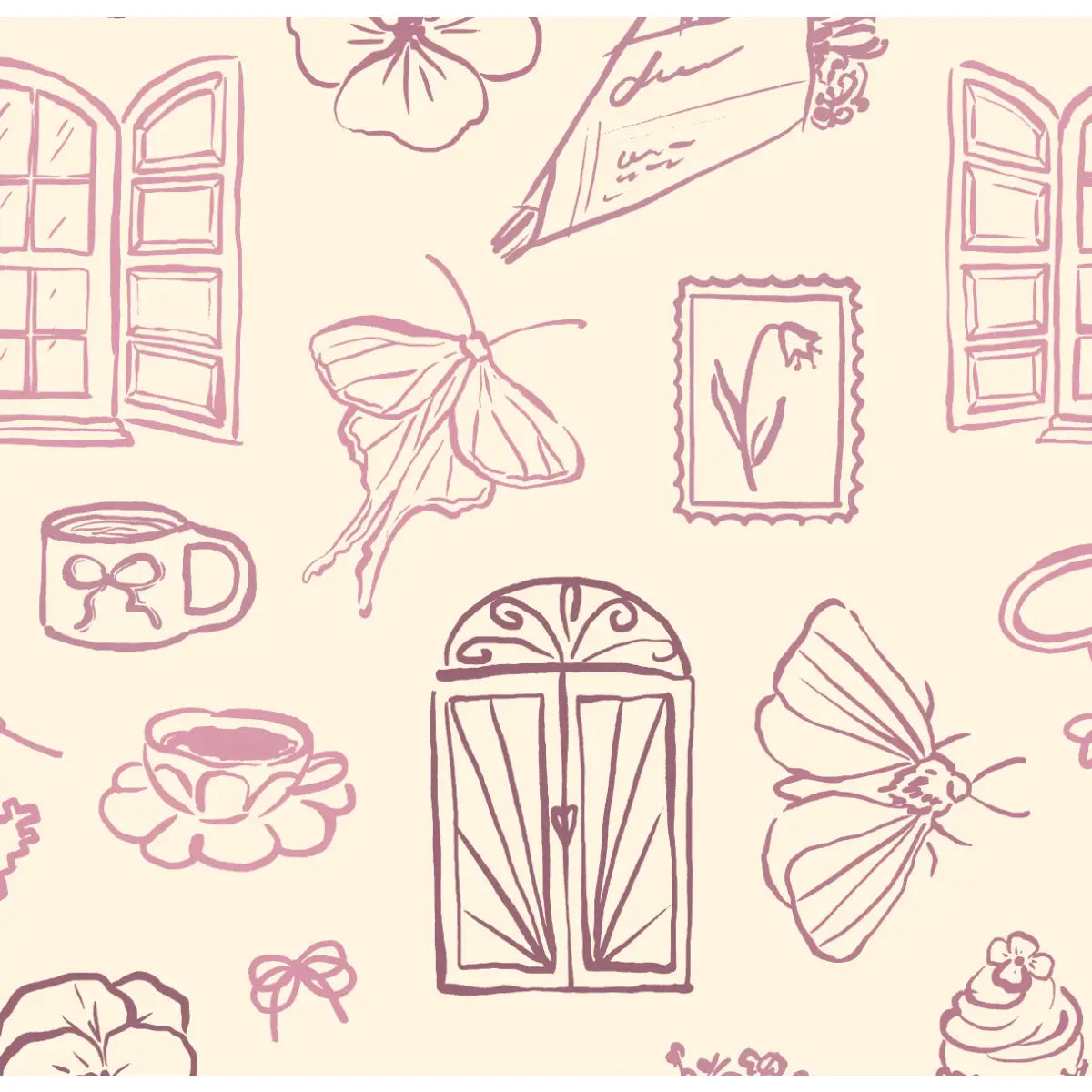 Lucille Wallpaper - Whimsical Line Drawings - Peel and Stick - Sample 1 foot by 1 foot / Mauve - Loomwell Home Goods