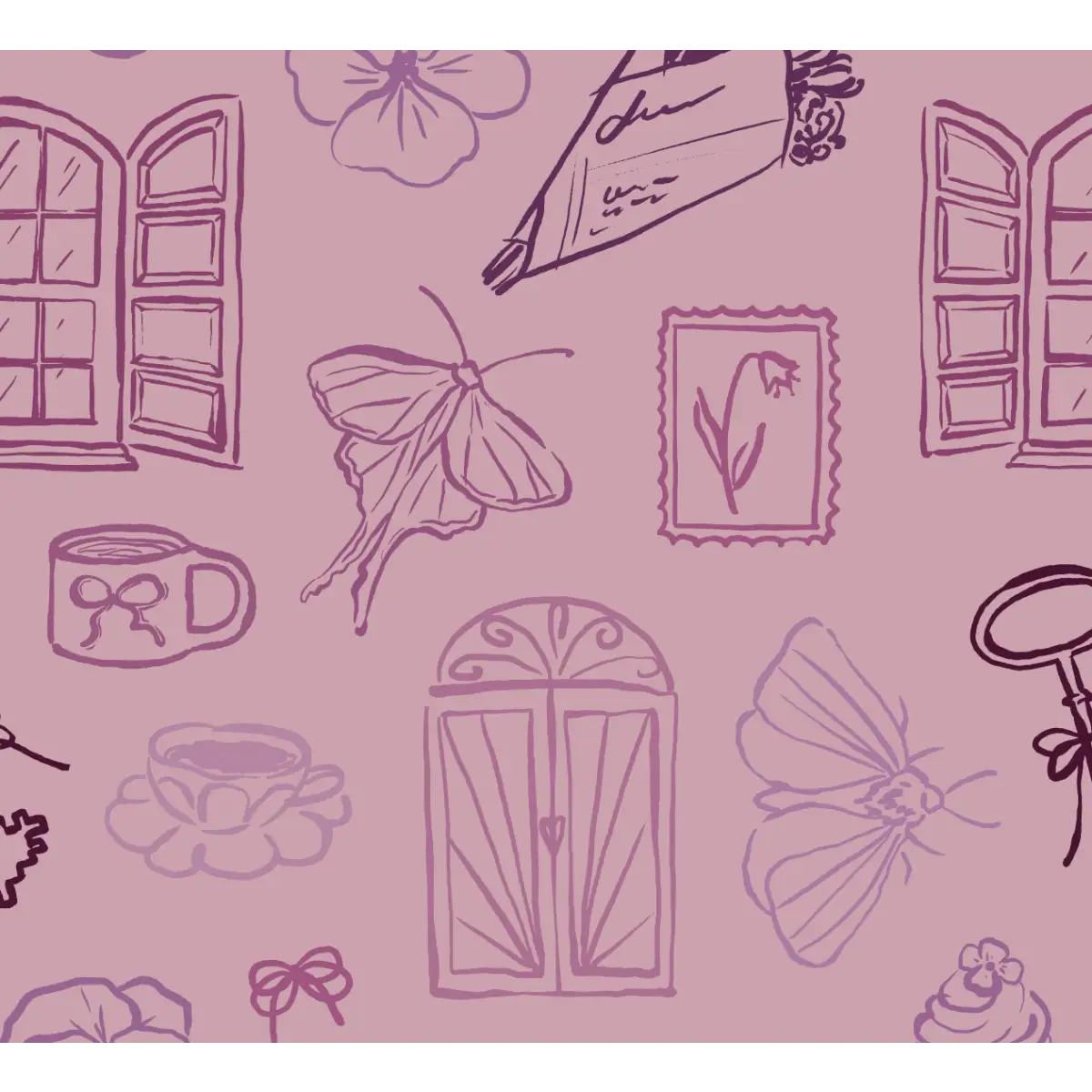 Lucille Wallpaper - Whimsical Line Drawings - Peel and Stick - Sample 1 foot by 1 foot / Plum - Loomwell Home Goods