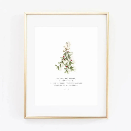 Christmas Watercolor Print - Mistletoe with Scripture - Luke 2:10 - emily lex studio