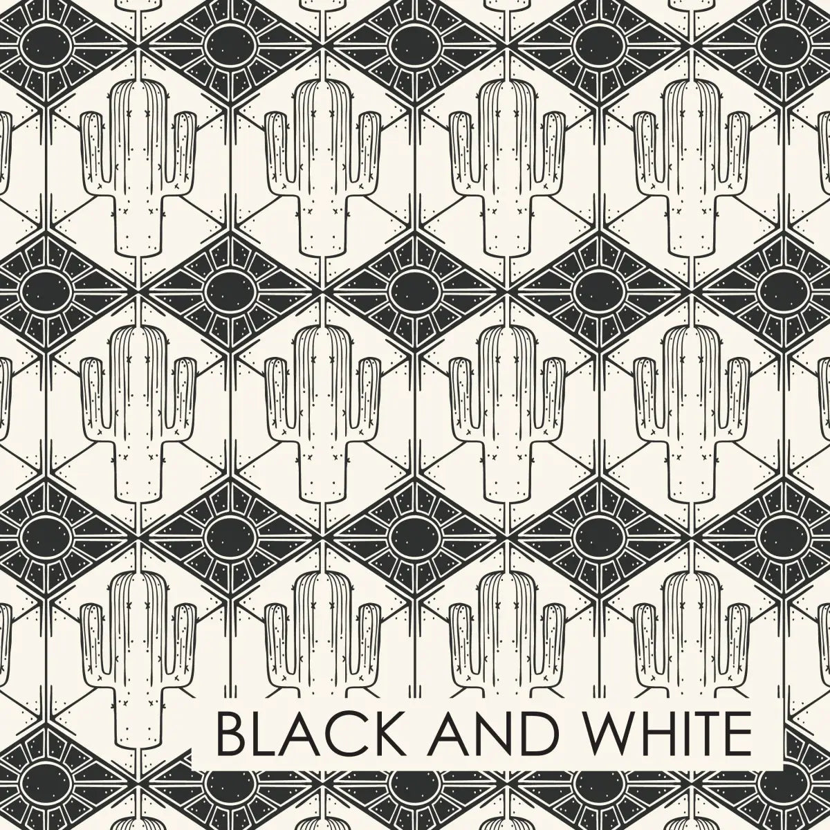 Luke Wallpaper - Geometric Cactus and Sun - by Erin Silliman Designs - Sample 1 foot by 1 foot / Black and White