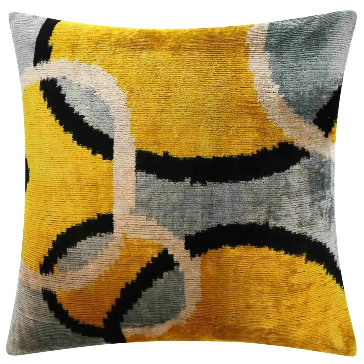 Luxurious 16x16 Silk Velvet Geometric Throw Pillow in Yellow and Gray – Down Feather Insert - Canvello