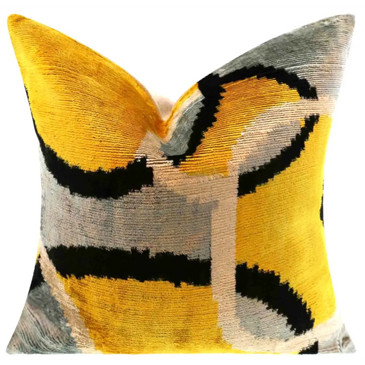 Luxurious 16x16 Silk Velvet Geometric Throw Pillow in Yellow and Gray – Down Feather Insert - Canvello