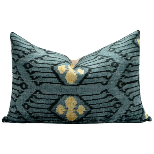 Luxurious 16x24 Handmade Ikat Silk Velvet Pillow with Premium Down Feather Insert by Canvello – Striking Vegetable Dyed