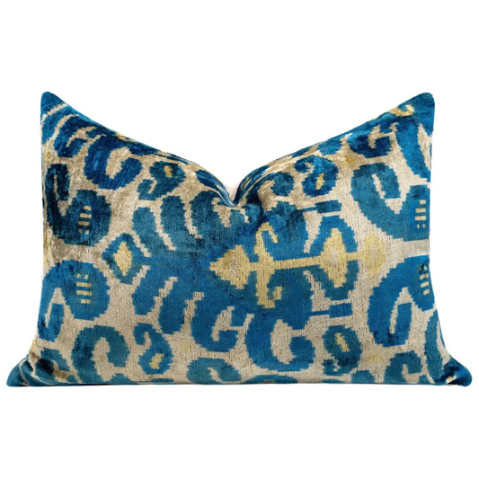 Luxurious 16x24 Handmade Ikat Silk Velvet Pillow with Premium Down Feather Insert by Canvello – Rich Blue and Gold