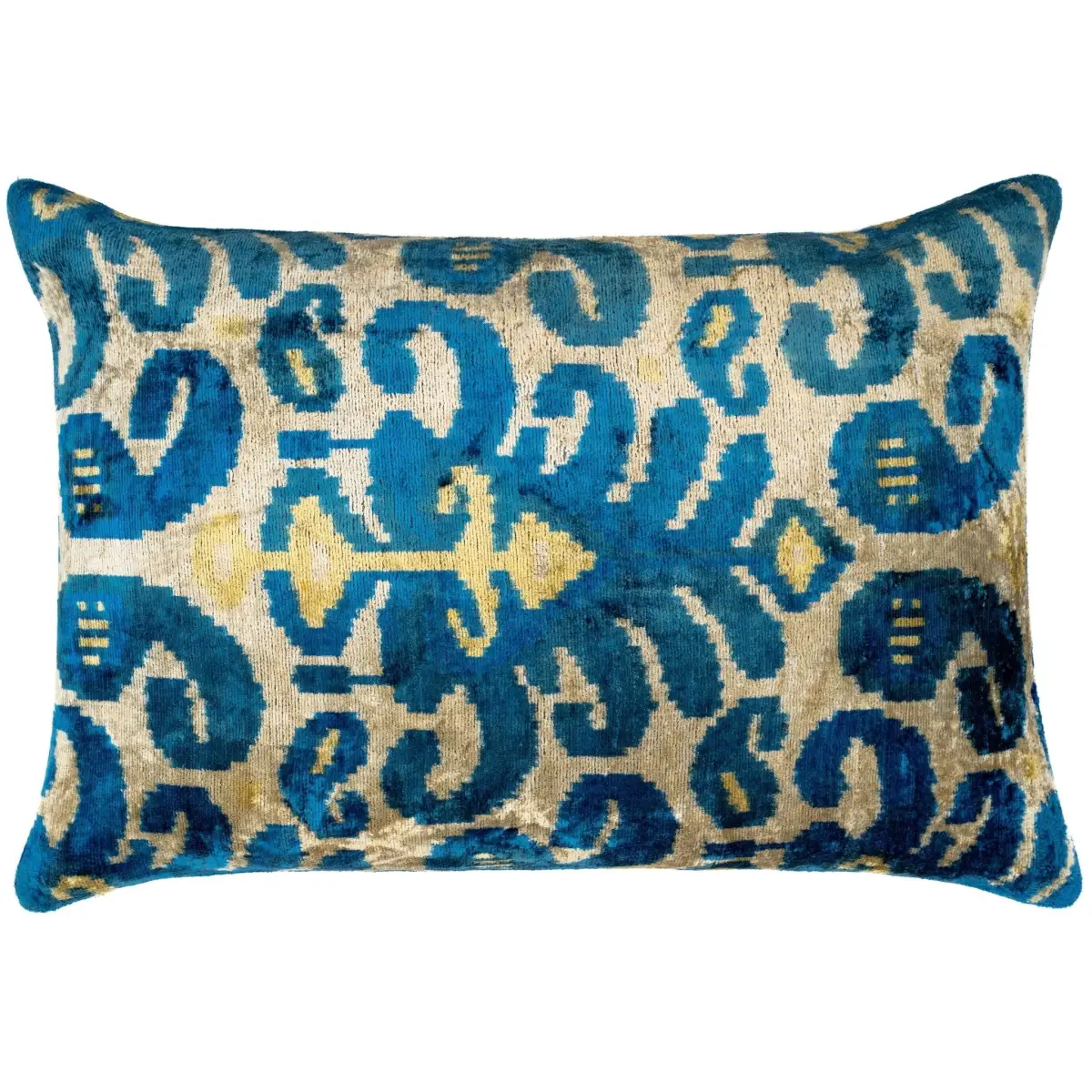 Luxurious 16x24 Handmade Ikat Silk Velvet Pillow with Premium Down Feather Insert by Canvello – Rich Blue and Gold