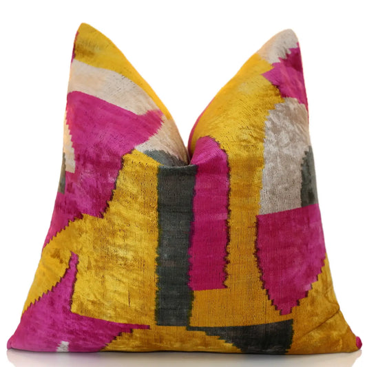 Luxury Abstract Silk Velvet Pillow 20x20 in Handmade Geometric Accent Cushion - Canvello