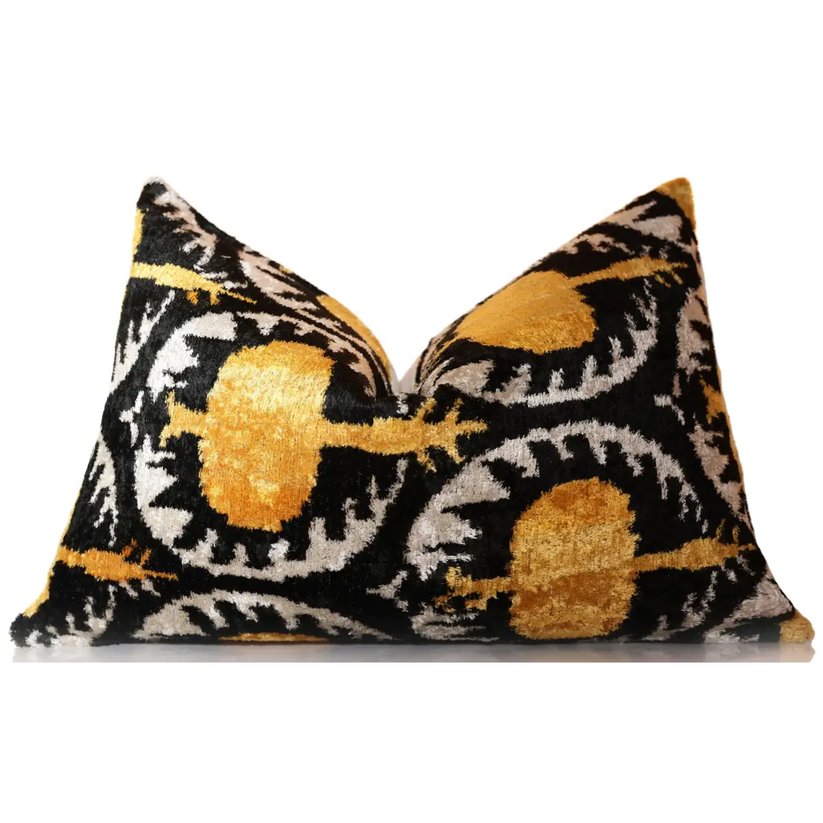Luxury Black and Gold Silk Velvet Ikat Lumbar Pillow 16x24 Inch with Down Insert - Canvello