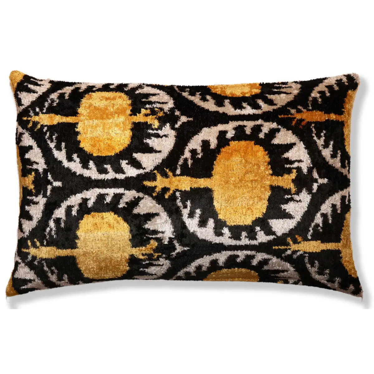 Luxury Black and Gold Silk Velvet Ikat Lumbar Pillow 16x24 Inch with Down Insert - Canvello
