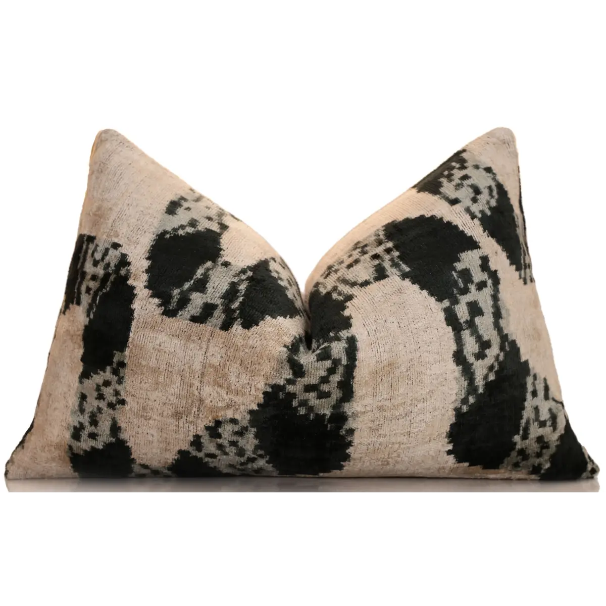 Luxury Black and Natural Silk Velvet Ikat Lumbar Pillow 16x24 Inch with Down Insert - Canvello