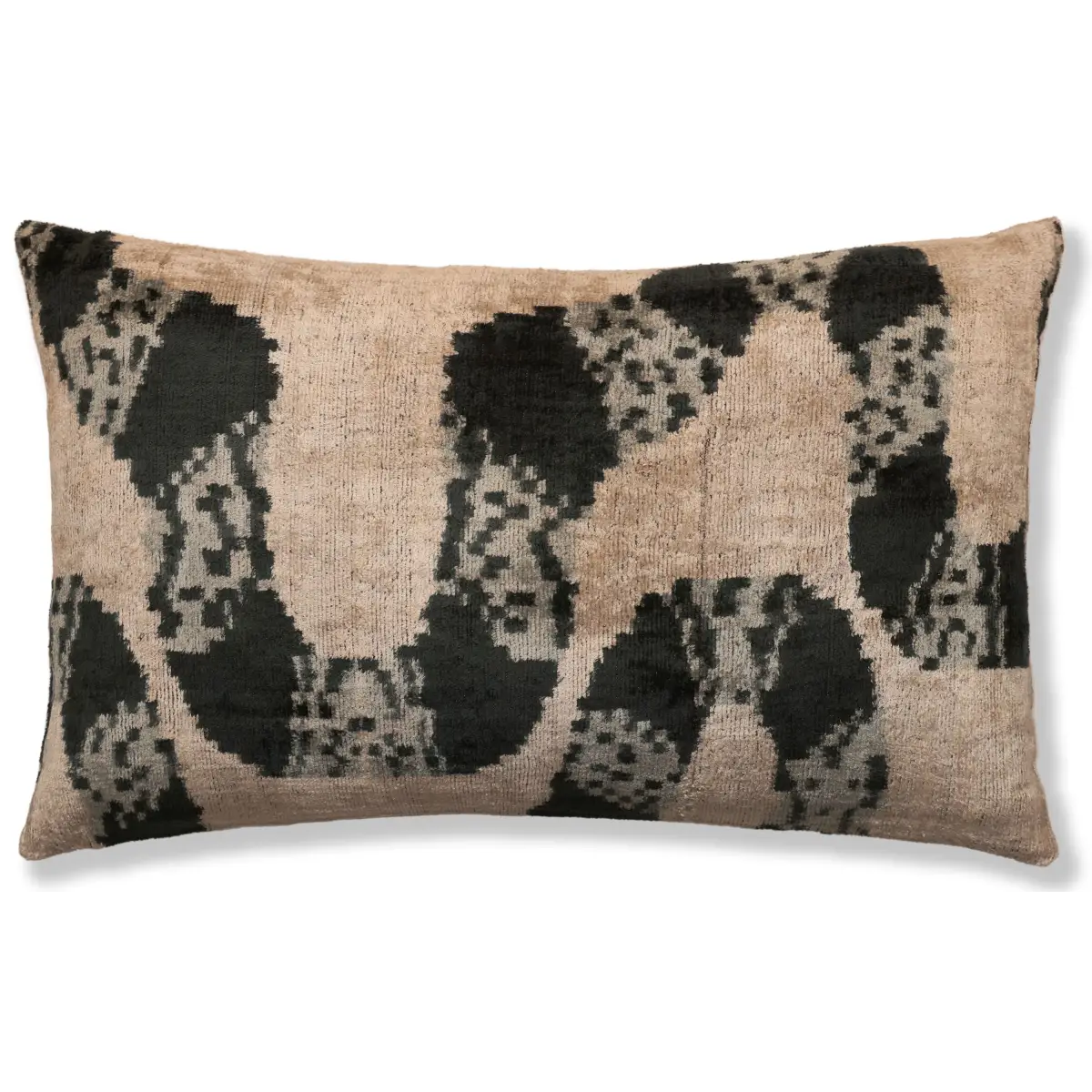 Luxury Black and Natural Silk Velvet Ikat Lumbar Pillow 16x24 Inch with Down Insert - Canvello