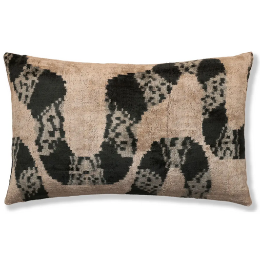 Luxury Black and Natural Silk Velvet Ikat Lumbar Pillow 16x24 Inch with Down Insert - Canvello