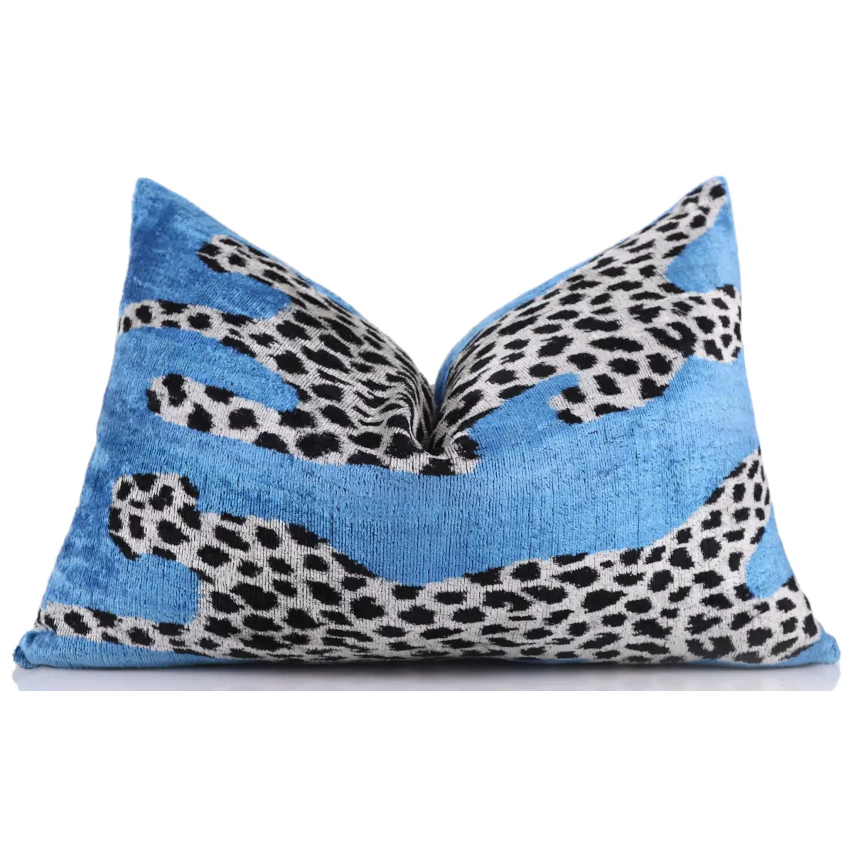 Luxury Blue Leopard Velvet Pillow 16x24 – Handmade Silk Lumbar Cushion with Bold Animal Print - Canvello