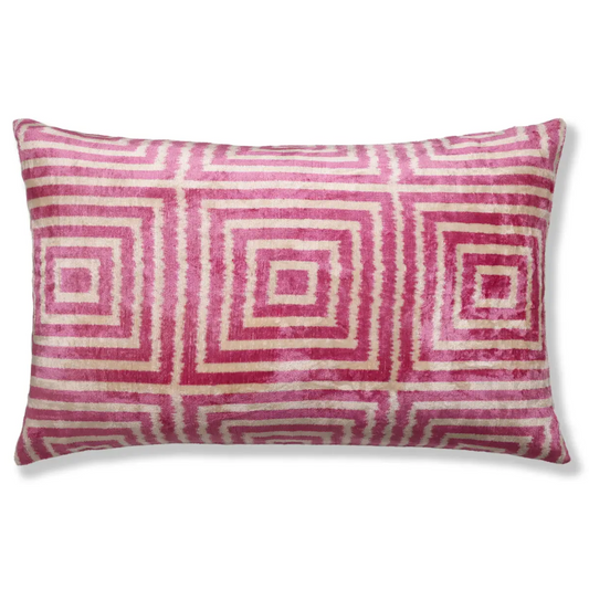 Luxury Blush Pink and Cream Silk Velvet Geometric Ikat Lumbar Pillow 16x24 Inch with Down Insert - Canvello