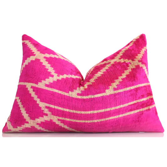 Luxury Fuchsia Pink Silk Velvet Throw Pillow 16x24 – Handmade Geometric Lumbar Cushion - Canvello