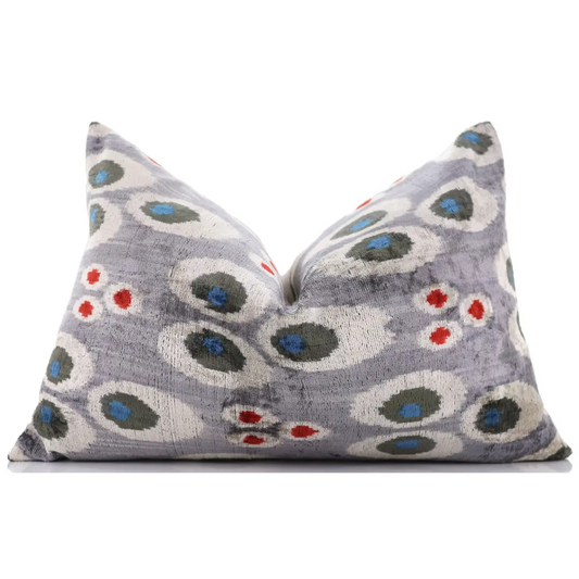 Luxury Gray Velvet Pillow 16x24 – Handmade Silk Lumbar Cushion with Modern Circle Motifs - Canvello
