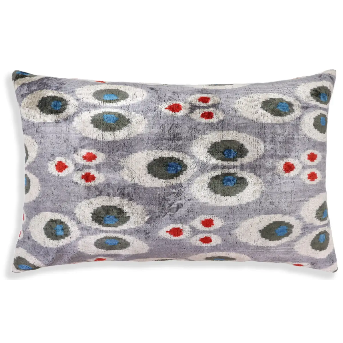 Luxury Gray Velvet Pillow 16x24 – Handmade Silk Lumbar Cushion with Modern Circle Motifs - Canvello