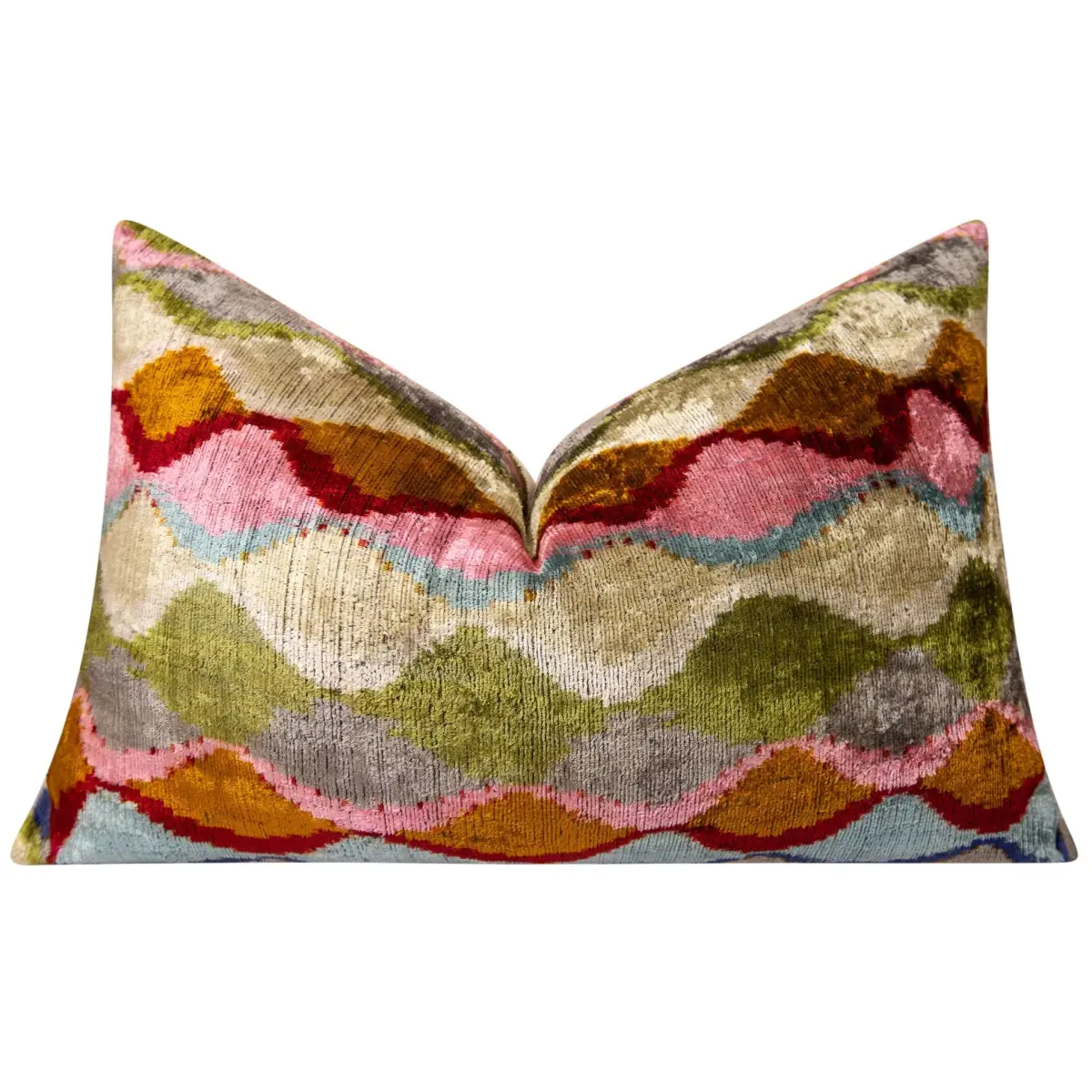 Luxury Handmade Silk Velvet Throw Pillow - 16x24 in Multicolored Geometric Design with Down Feather Insert - Canvello