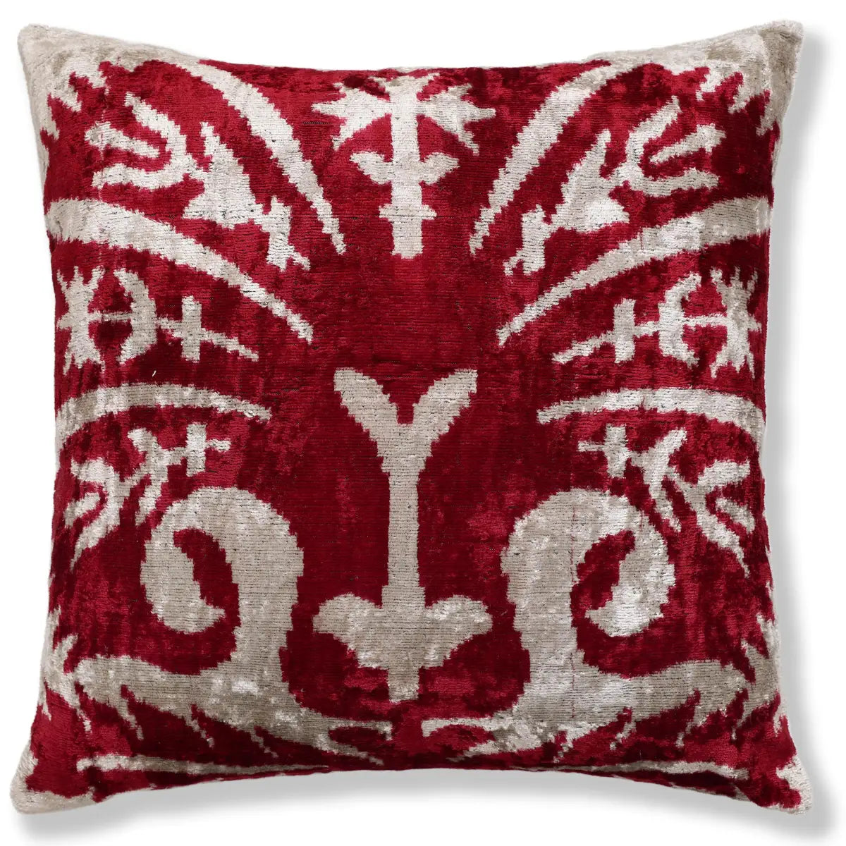Luxury Handwoven Dark Red Silk Velvet Ikat Pillow 20x20 Inch - Canvello
