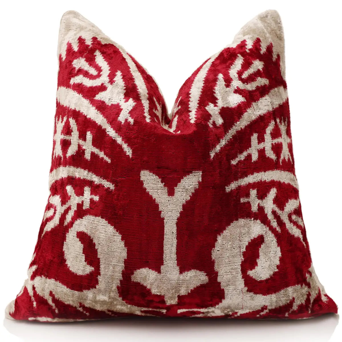 Luxury Handwoven Dark Red Silk Velvet Ikat Pillow 20x20 Inch - Canvello