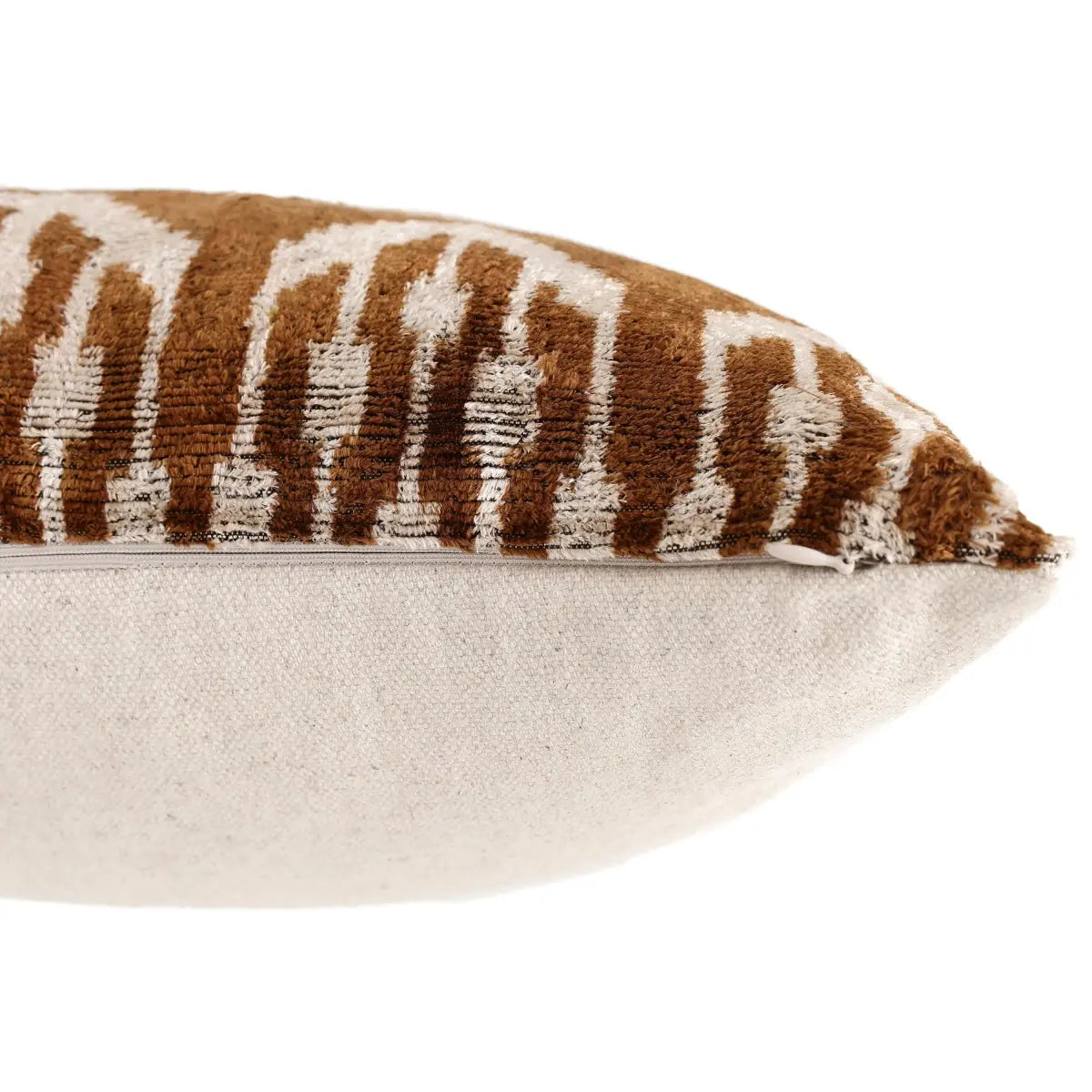 Luxury Handwoven Ikat Silk Velvet Pillow 20x20 Inch – Earthy Brown & Ivory - Canvello