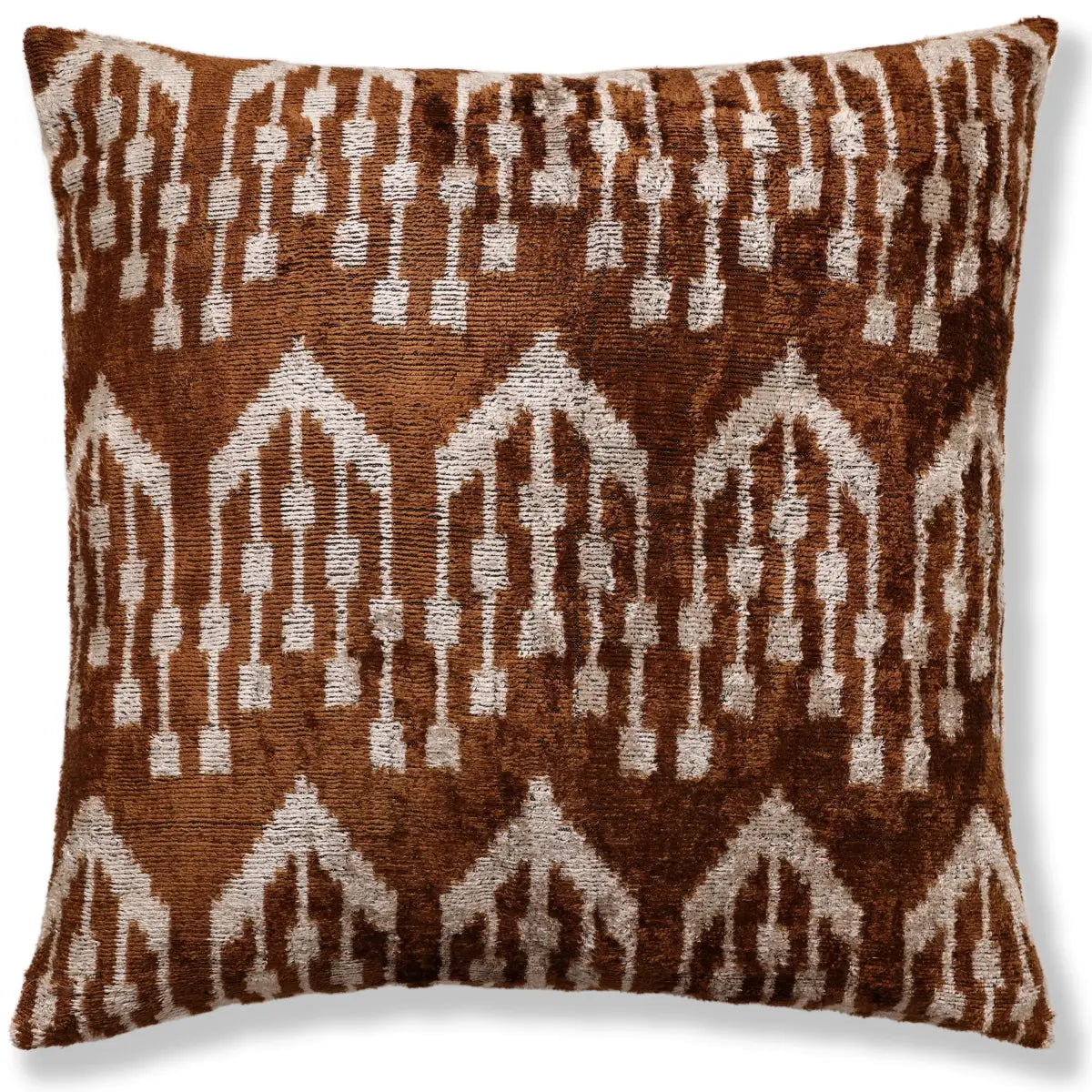 Luxury Handwoven Ikat Silk Velvet Pillow 20x20 Inch – Earthy Brown & Ivory - Canvello
