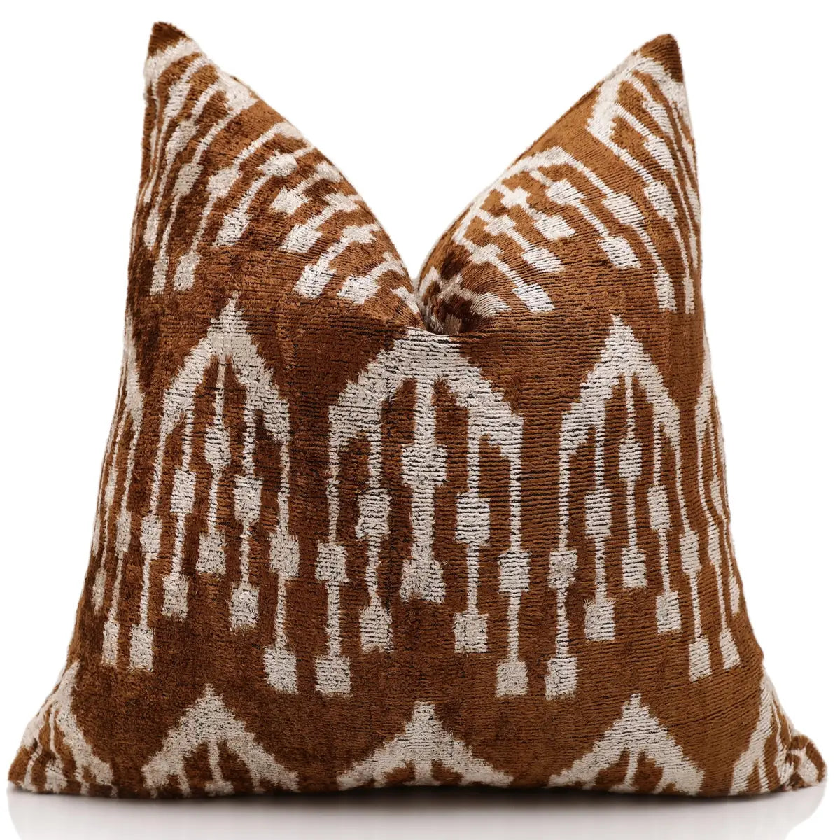 Luxury Handwoven Ikat Silk Velvet Pillow 20x20 Inch – Earthy Brown & Ivory - Canvello