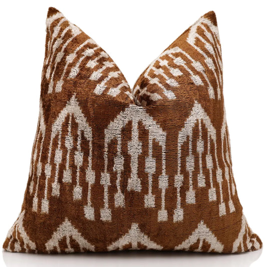 Luxury Handwoven Ikat Silk Velvet Pillow 20x20 Inch – Earthy Brown & Ivory - Canvello