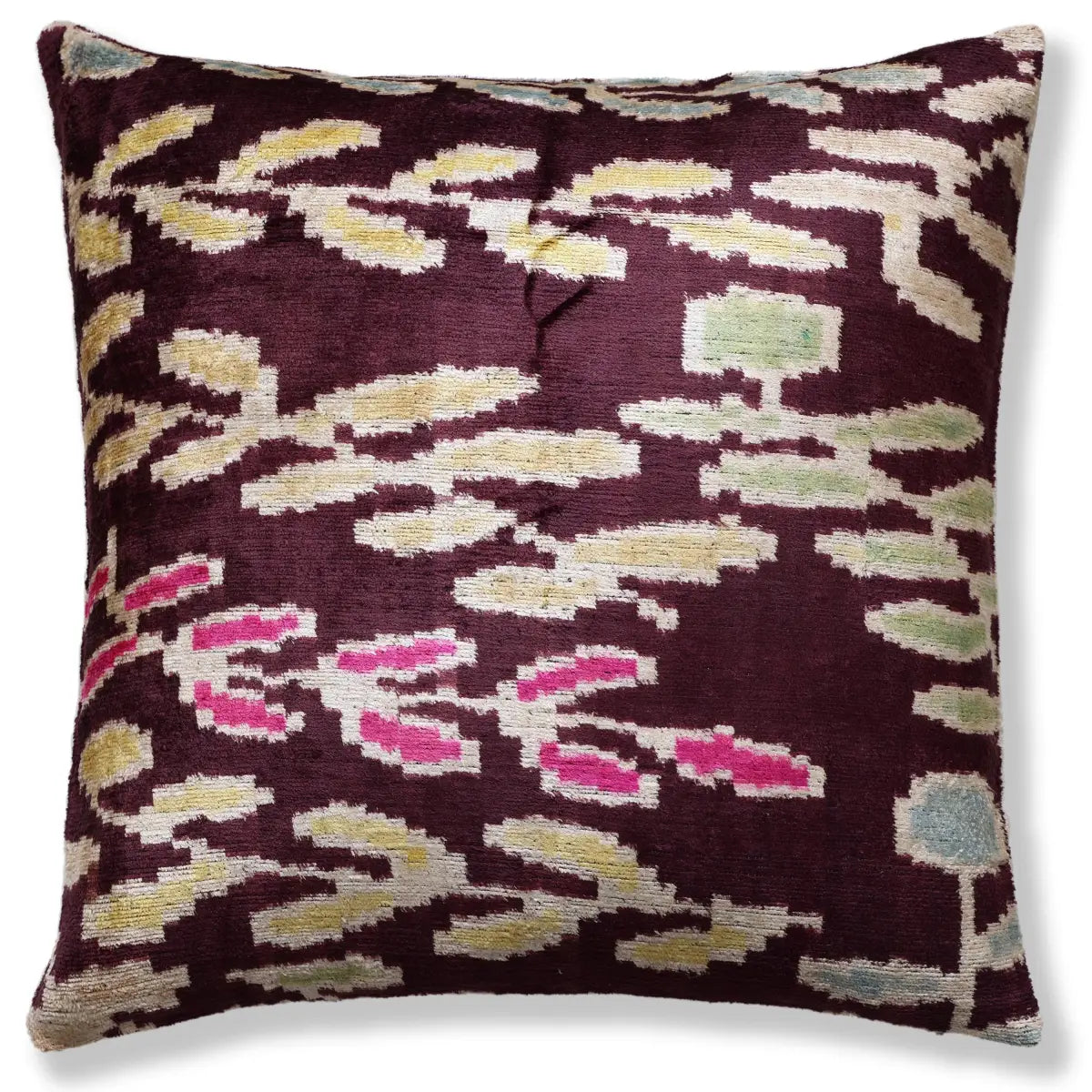Luxury Handwoven Silk Velvet Ikat Pillow 20x20 Inch – Burgundy & Soft Pastel - Canvello