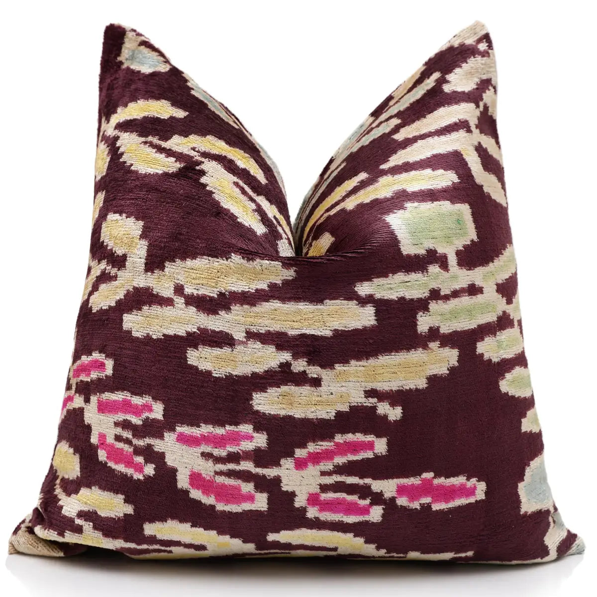 Luxury Handwoven Silk Velvet Ikat Pillow 20x20 Inch – Burgundy & Soft Pastel - Canvello