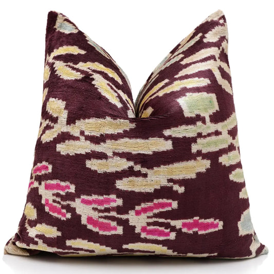 Luxury Handwoven Silk Velvet Ikat Pillow 20x20 Inch – Burgundy & Soft Pastel - Canvello