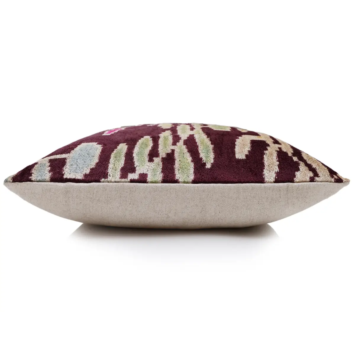 Luxury Handwoven Silk Velvet Ikat Pillow 20x20 Inch – Burgundy & Soft Pastel - Canvello