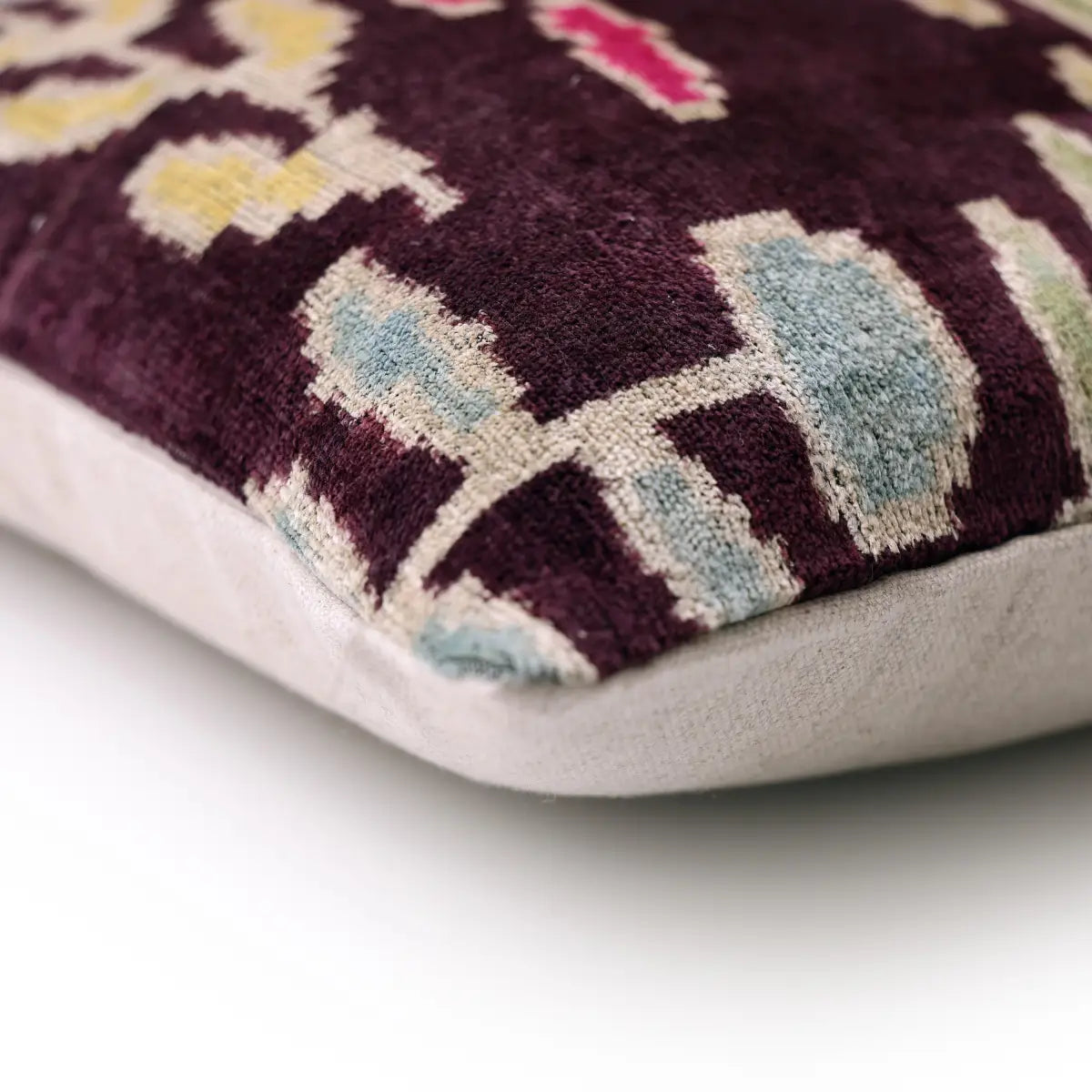 Luxury Handwoven Silk Velvet Ikat Pillow 20x20 Inch – Burgundy & Soft Pastel - Canvello