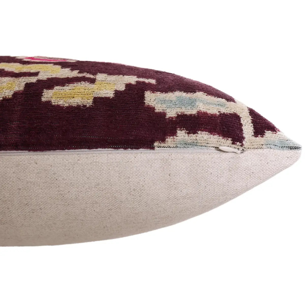 Luxury Handwoven Silk Velvet Ikat Pillow 20x20 Inch – Burgundy & Soft Pastel - Canvello