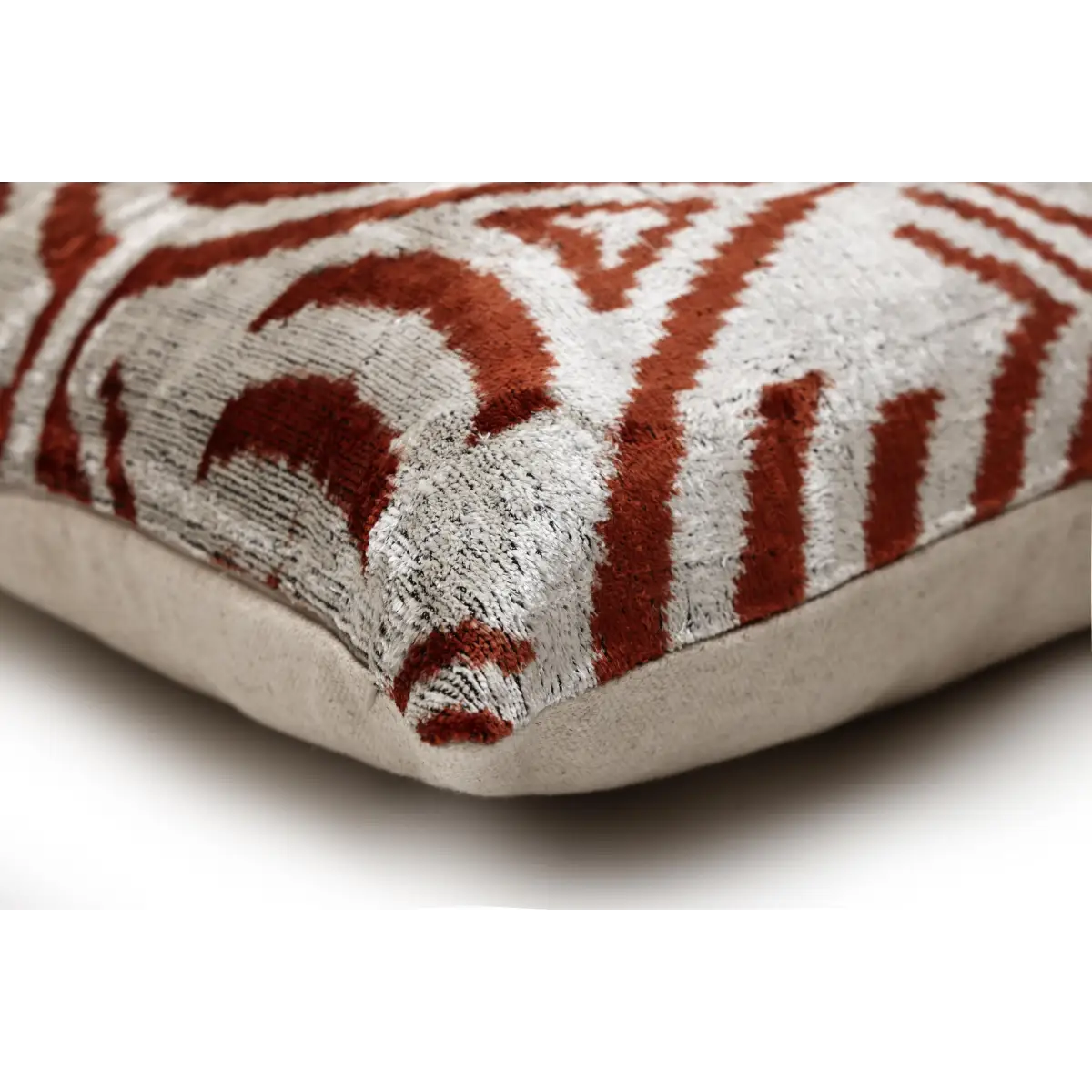 Luxury Handwoven Silk Velvet Ikat Pillow 20x20 Inch – Rust & Ivory - Canvello