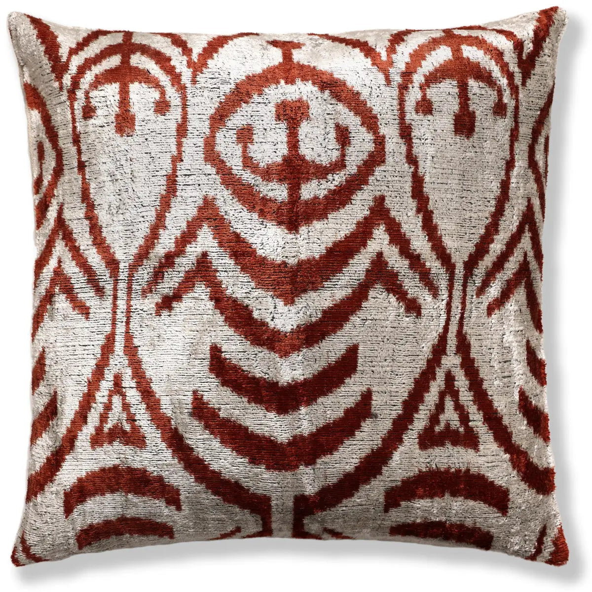 Luxury Handwoven Silk Velvet Ikat Pillow 20x20 Inch – Rust & Ivory - Canvello
