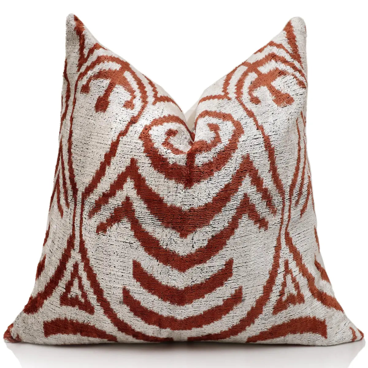 Luxury Handwoven Silk Velvet Ikat Pillow 20x20 Inch – Rust & Ivory - Canvello