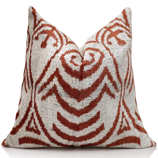 Luxury Handwoven Silk Velvet Ikat Pillow 20x20 Inch – Rust & Ivory - Canvello