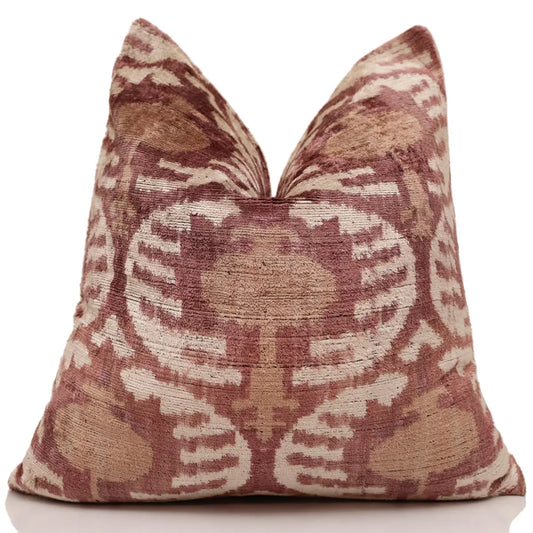 Luxury Handwoven Silk Velvet Throw Pillow 20x20 Inch Burgundy Ikat Pattern - Canvello