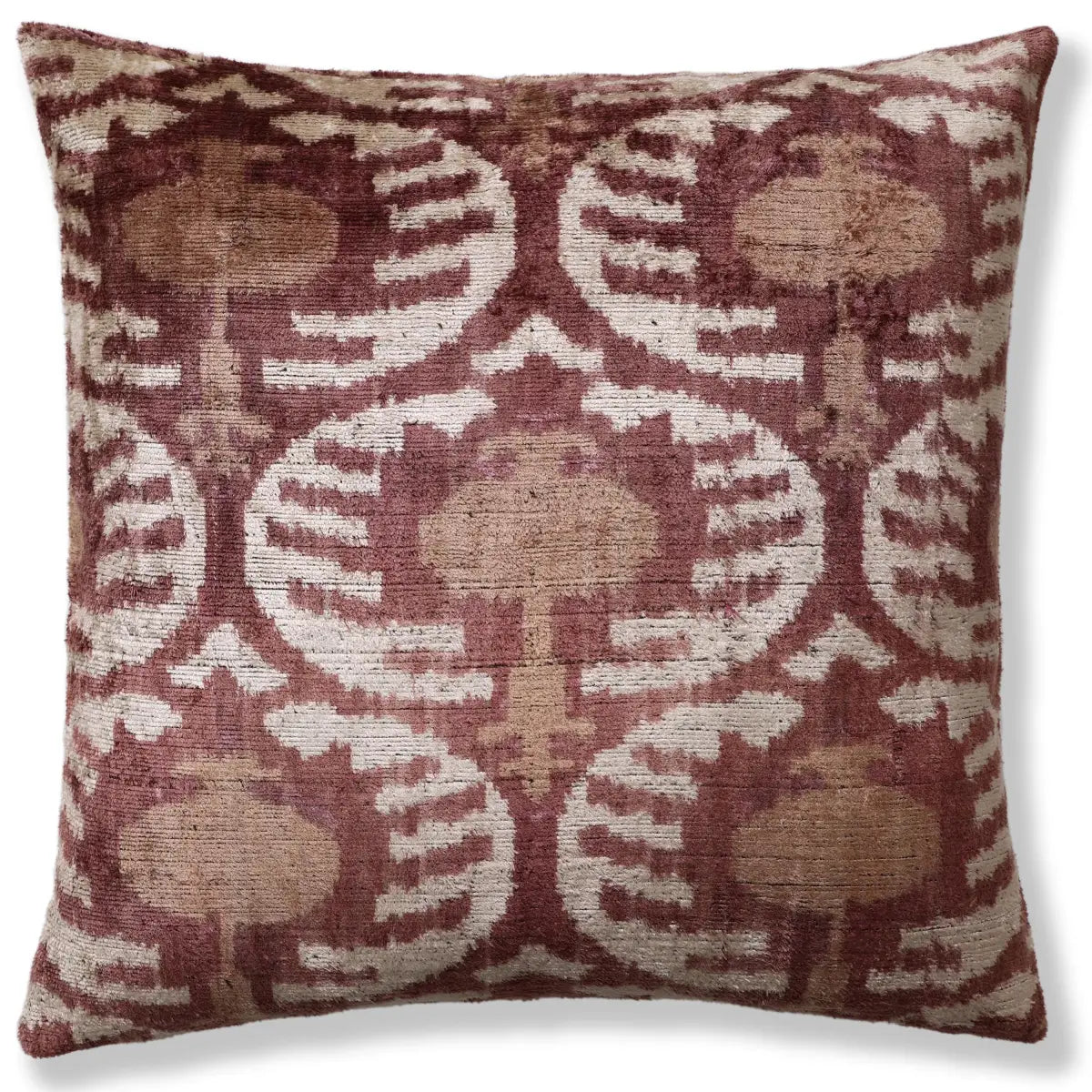 Luxury Handwoven Silk Velvet Throw Pillow 20x20 Inch Burgundy Ikat Pattern - Canvello