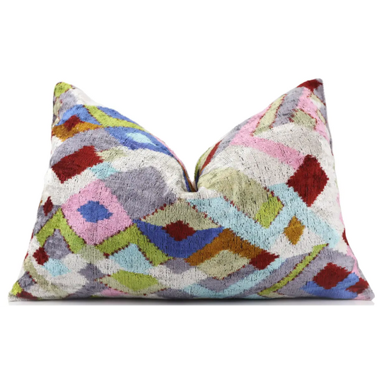 Luxury Multicolor Diamond Silk Velvet Throw Pillow 16x24 – Handmade Geometric Lumbar Cushion - Canvello