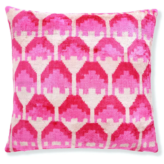 Luxury Silk Velvet Throw Pillow – Handmade Pink Ikat 20x20 - Canvello