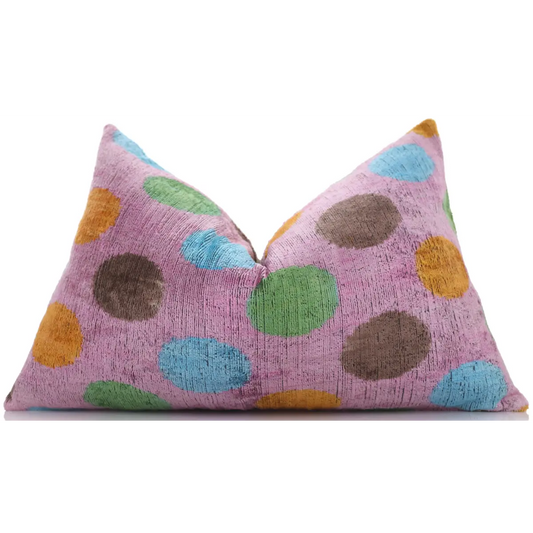 Luxury Polka Dot Silk Velvet Throw Pillow 16x24 – Handmade Multicolor Designer Lumbar - Canvello