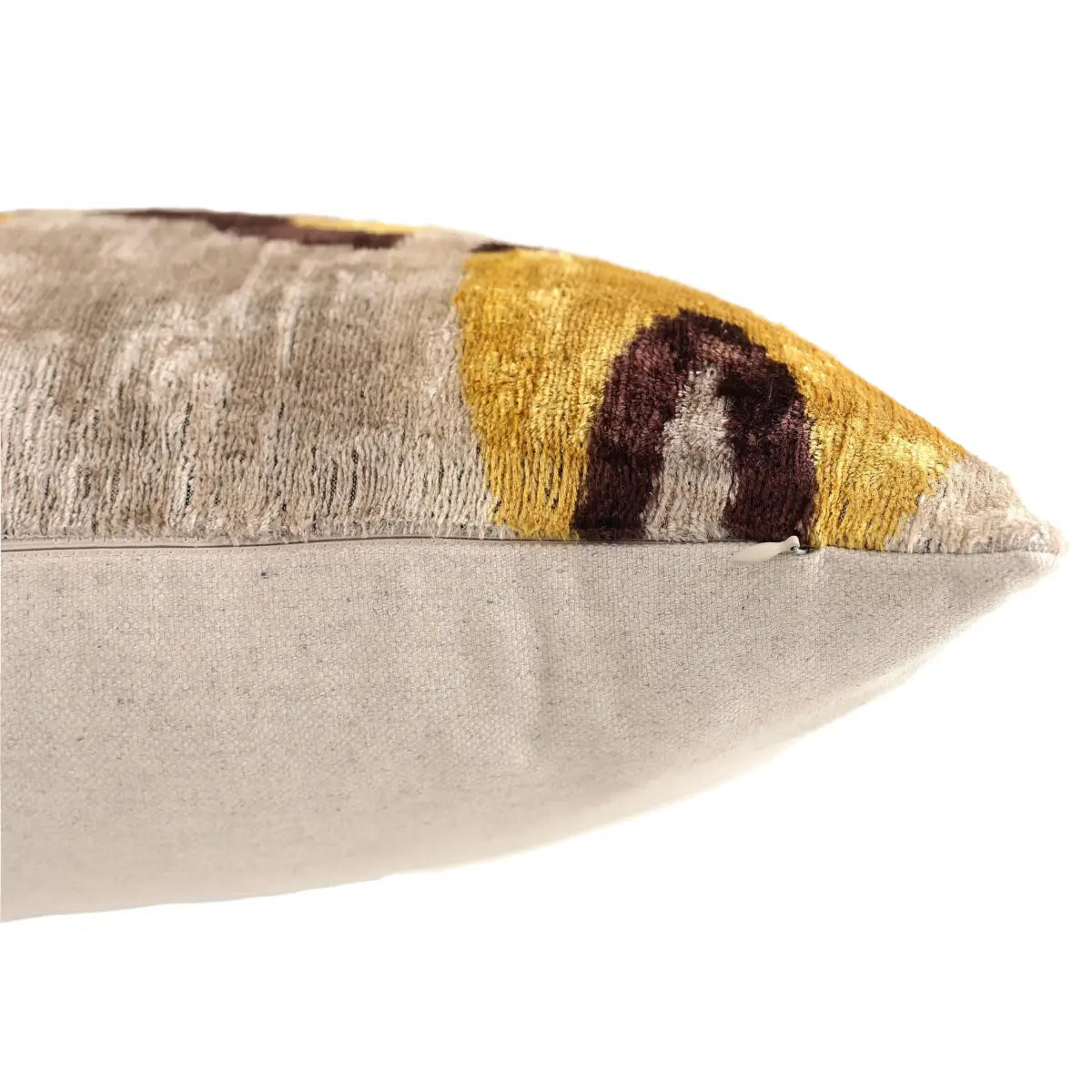 Luxury Silk Velvet Ikat Lumbar Pillow - Mustard Cream and Chocolate - 16x24 Inch with Down Insert - Canvello