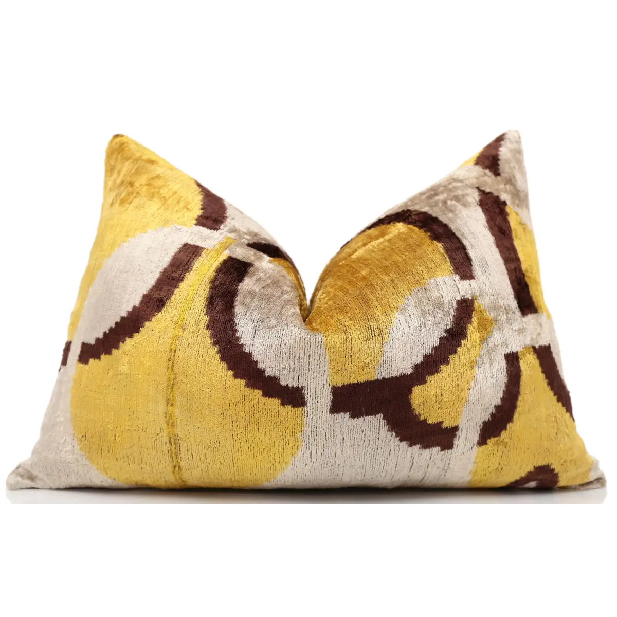 Luxury Silk Velvet Ikat Lumbar Pillow - Mustard Cream and Chocolate - 16x24 Inch with Down Insert - Canvello
