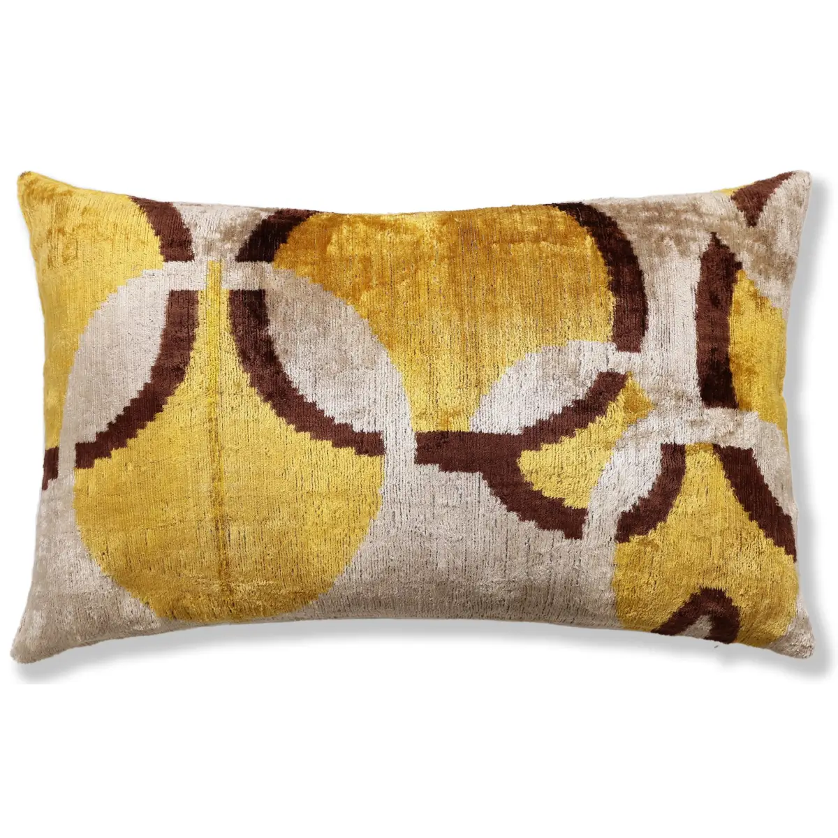 Luxury Silk Velvet Ikat Lumbar Pillow - Mustard Cream and Chocolate - 16x24 Inch with Down Insert - Canvello