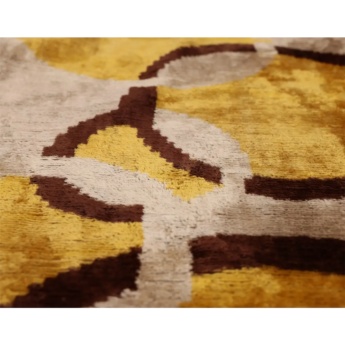 Luxury Silk Velvet Ikat Lumbar Pillow - Mustard Cream and Chocolate - 16x24 Inch with Down Insert - Canvello